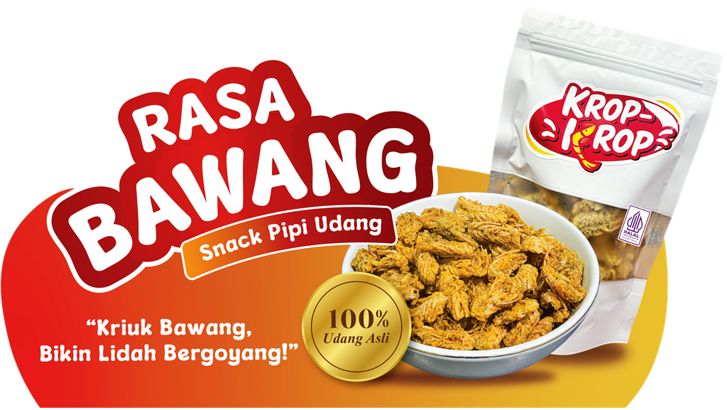 Kemasan dan camilan Pipi Udang rasa bawang